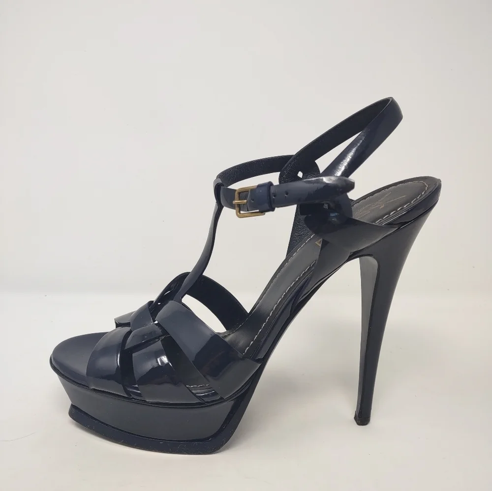 Yves St Laurent YSL 40 tribute BLUE patent leather platform sandals Celebrity